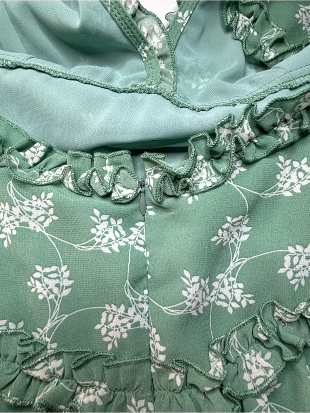 Aura Floral Ruffle Mini Dress Sage Green Boho Open Back Long Sleeve Large - Picture 13 of 15